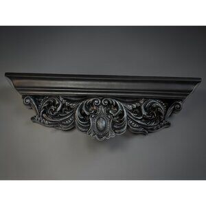 Vintage OOAK Upcycle Ornate Black Wall Shelf With Intricate Scrollwork Design 24